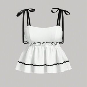 White and Black Ruffled Peplum Bow Strap Babydoll Camisole Size L NWT
